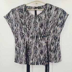 Lane Bryant Black & White Patterned Blouse with Ribbon Ties